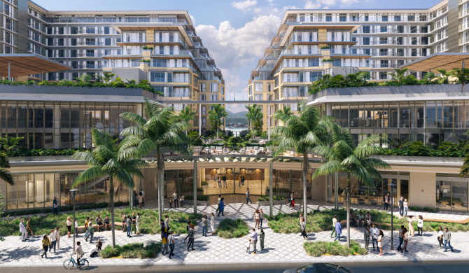 Rendering of 222 North City, a mixed-use residential development in San Marcos, California, featuring two 12-story towers with balconies and ground-level retail