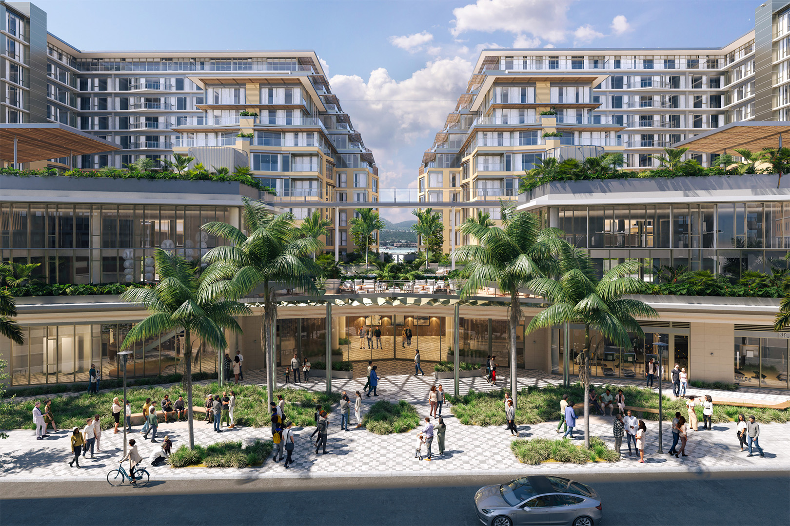 Rendering of 222 North City, a mixed-use residential development in San Marcos, California, featuring two 12-story towers with balconies and ground-level retail