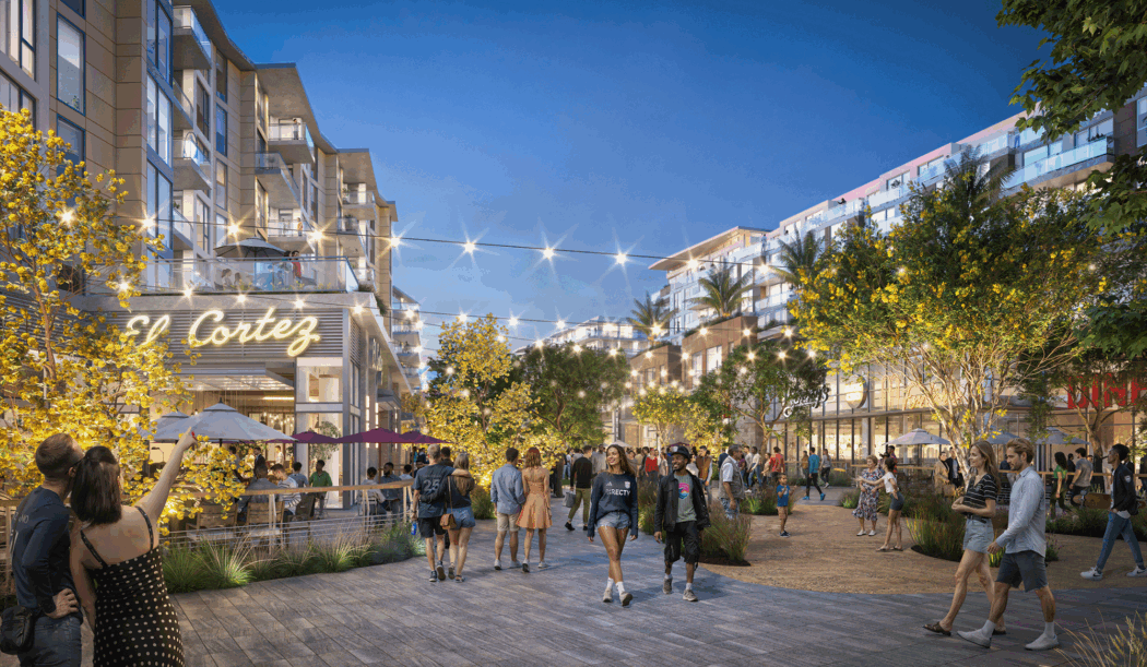 Rendering of Midway Rising showing a lively community with people walking, restaurants, and green public spaces